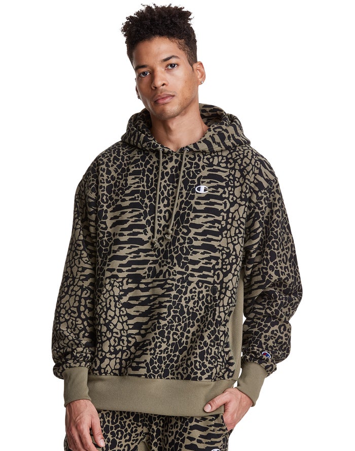 Champion Mens Hoodie NZ - Reverse Weave All Over Print Olive ( 2394-BDTCI )